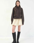 Letrans Vintage Waxed Finish Drop Shoulder Funnel Neck Cropped Leather Jacket Canyon Sunset