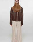 Caramel Mountain stand collar leather jacket - Brown Red two-tone back model view