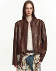 Caramel Mountain stand collar leather jacket - Brown Red distressed front model view