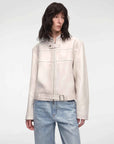 Caramel Mountain stand collar leather jacket - White front model view