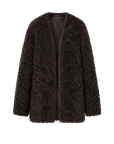 Castle Dusk camel brown V-neck Toscana curly wool shearling coat, front product view