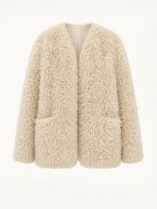 Castle Dusk natural ivory V-neck Toscana curly wool shearling coat, front product view