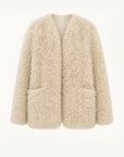 Castle Dusk natural ivory V-neck Toscana curly wool shearling coat, front product view