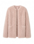 Castle Dusk pink V-neck Toscana curly wool shearling coat, front product view