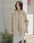 "Castle Dusk" V - neck Italian imported Tuscan curly wool sheepskin fur coat winter - variant_title