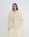 "Champagne on a Snowy Night" imported fox fur two - tone V - neck oblique stripe slim jacket - variant_title