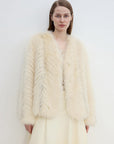 "Champagne on a Snowy Night" imported fox fur two - tone V - neck oblique stripe slim jacket - variant_title