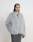 "Champagne on a Snowy Night" imported fox fur two - tone V - neck oblique stripe slim jacket - variant_title
