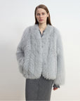 "Champagne on a Snowy Night" imported fox fur two - tone V - neck oblique stripe slim jacket - variant_title