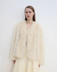 "Champagne on a Snowy Night" imported fox fur two - tone V - neck oblique stripe slim jacket - variant_title