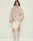 Chic Sister Blossom Pink standing-collar fox fur coat, full-length model view