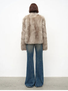 Chic Sister Hazel standing-collar fox fur coat, back view