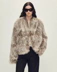 Model wearing Chic Sister Hazel standing-collar fox fur coat, front view