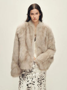 Model wearing Chic Sister Mocha standing-collar fox fur coat, front view