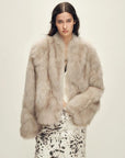 Model wearing Chic Sister Mocha standing-collar fox fur coat, front view