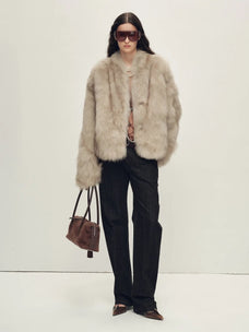 Chic Sister Mocha standing-collar fox fur coat, full-length model view