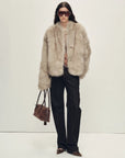Chic Sister Mocha standing-collar fox fur coat, full-length model view