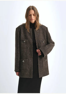 Circle Texture Sequined Wool Tweed Round Neck Long Chanel Style Coat for Women - variant_title