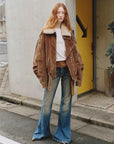Full-length outdoor model view of Fireladyfur City Travel SUN GOLD BROWN down parka