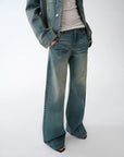 "Climber" leather - coated distressed straight low - rise cotton denim trousers for spring - variant_title