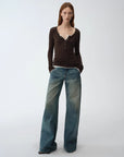 "Climber" leather - coated distressed straight low - rise cotton denim trousers for spring - variant_title
