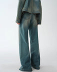 "Climber" leather - coated distressed straight low - rise cotton denim trousers for spring - variant_title