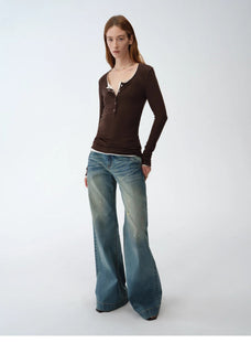 "Climber" leather - coated distressed straight low - rise cotton denim trousers for spring - variant_title