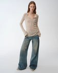 "Climber" leather - coated distressed straight low - rise cotton denim trousers for spring - variant_title