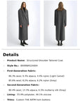 A catalog page showing a woman modeling a long structured coat from front and back, with text detailing the product name, style number, fabric composition, lining, and trim.