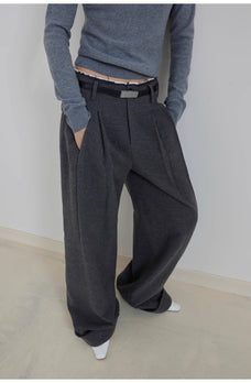"Commuting Rules" Worsted Wool Blend Waistless Raw Edge Wide Leg Pants Slimming Scimitar Casual Pants - variant_title