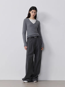 "Commuting Rules" Worsted Wool Blend Waistless Raw Edge Wide Leg Pants Slimming Scimitar Casual Pants - variant_title
