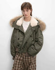 Fireladyfur Cool and Sharp olive gray green short hooded jacket front view