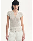 Cotton and Linen Blend Sequined Henley Neck Short Sleeve T-Shirt"Minimalist Light Gap" - variant_title