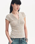 Cotton and Linen Blend Sequined Henley Neck Short Sleeve T-Shirt"Minimalist Light Gap" - variant_title