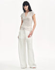 Cotton and Linen Blend Sequined Henley Neck Short Sleeve T-Shirt"Minimalist Light Gap" - variant_title