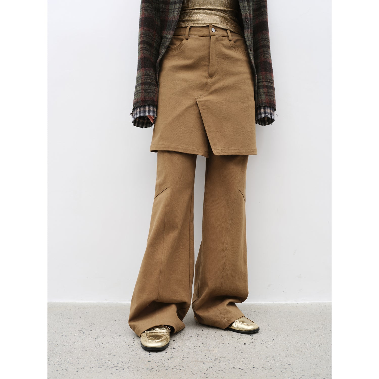 "Culotte Declaration" Retro split design fake two - piece twill brushed slightly flared slim jeans - variant_title