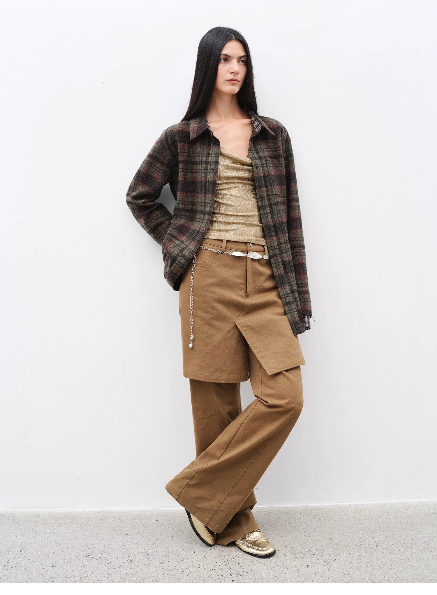 "Culotte Declaration" Retro split design fake two - piece twill brushed slightly flared slim jeans - variant_title