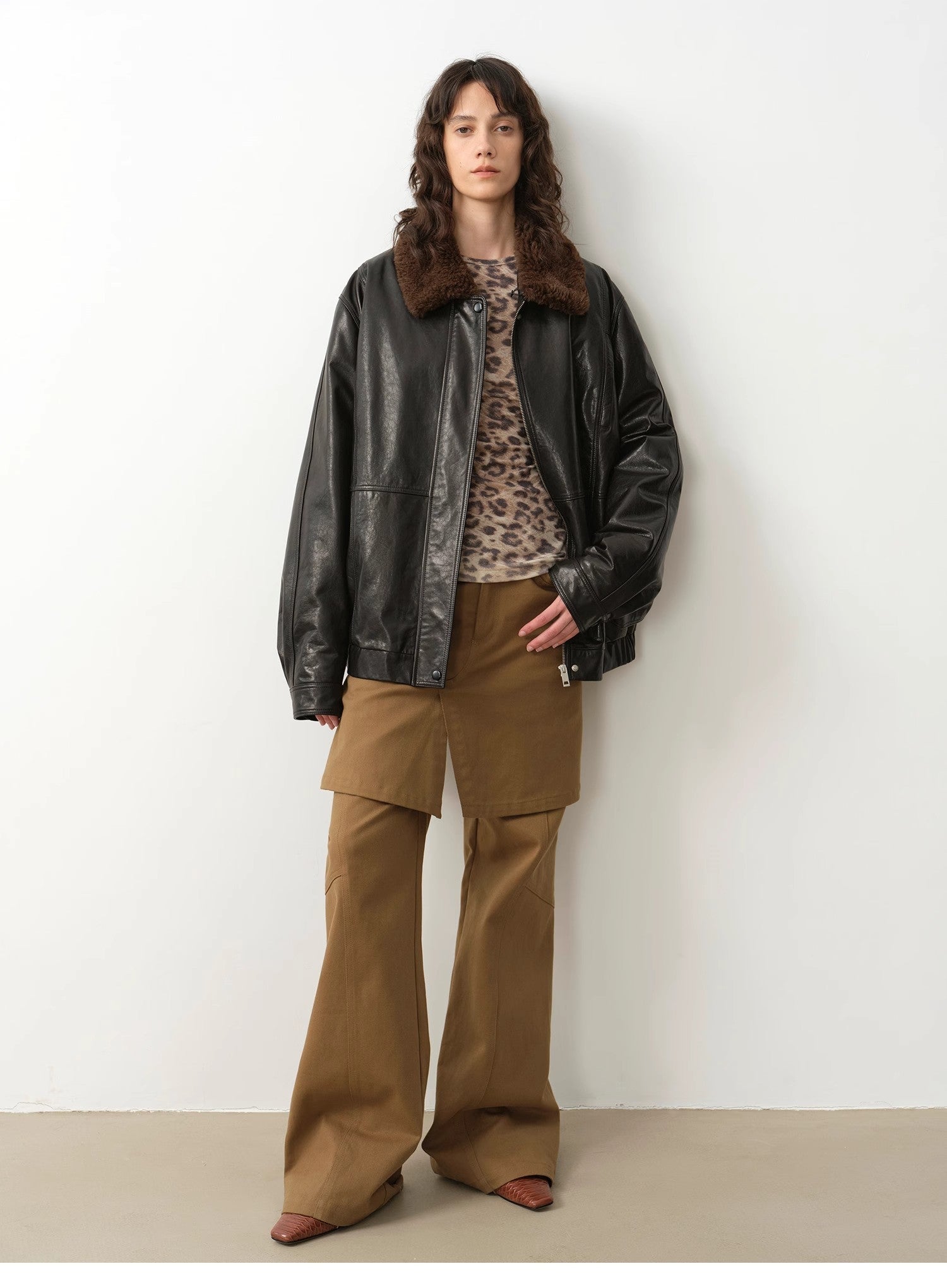 "Culotte Declaration" Retro split design fake two - piece twill brushed slightly flared slim jeans - variant_title
