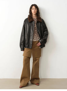 "Culotte Declaration" Retro split design fake two - piece twill brushed slightly flared slim jeans - variant_title