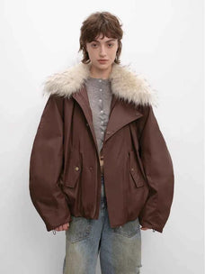 Burgundy Firelady Fur Cutting-edge Style short down jacket with raccoon fur collar front model view
