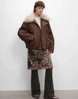 Burgundy Firelady Fur Cutting-edge Style short down jacket winter outfit styling