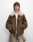 Caramel Firelady Fur Cutting-edge Style short down jacket with raccoon fur collar front model view