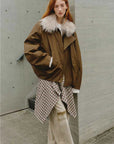 Caramel Firelady Fur Cutting-edge Style short down jacket outdoor front outfit with wide-leg pants