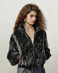 Dapple Manor leopard print Merino shearling jacket relaxed front model view