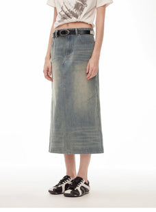 "Dawn Denim" retro old enzyme washed mid - low waist slim fishtail flared slim denim skirt - variant_title