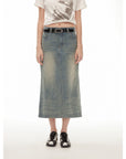 "Dawn Denim" retro old enzyme washed mid - low waist slim fishtail flared slim denim skirt - variant_title