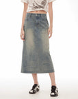 "Dawn Denim" retro old enzyme washed mid - low waist slim fishtail flared slim denim skirt - variant_title