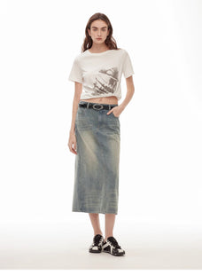 "Dawn Denim" retro old enzyme washed mid - low waist slim fishtail flared slim denim skirt - variant_title