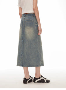 "Dawn Denim" retro old enzyme washed mid - low waist slim fishtail flared slim denim skirt - variant_title