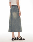 "Dawn Denim" retro old enzyme washed mid - low waist slim fishtail flared slim denim skirt - variant_title